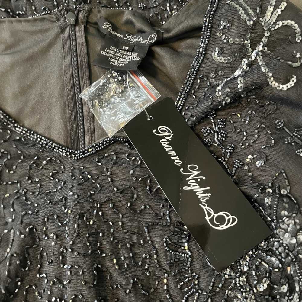 Pisarro Nights Beaded Dress Size 14 Slate Gray Sheer Sleeve Formal NWT - Picture 3 of 9